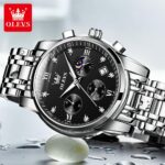 ⁦ساعة OLEVS الكرونوغراف الفاخرة - فضي وميناء أسود مرصع (موديل 2858)⁩ - الصورة ⁦3⁩