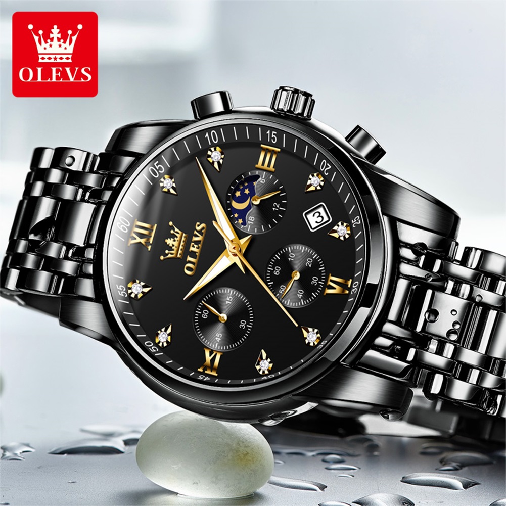 OLEVS Luxury Chronograph Watch - Full Black with Gold Color Details (Model 2858) - Image 3