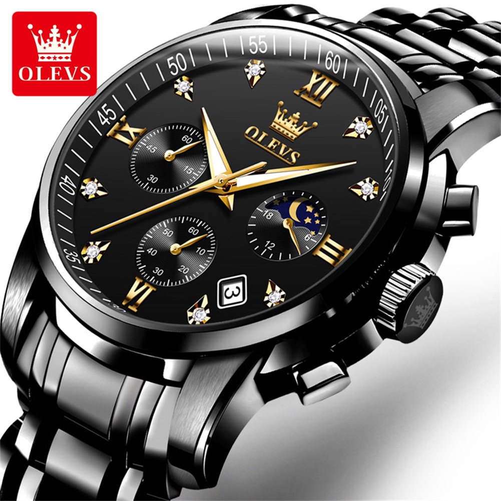 OLEVS Luxury Chronograph Watch - Full Black with Gold Color Details (Model 2858) - Image 2