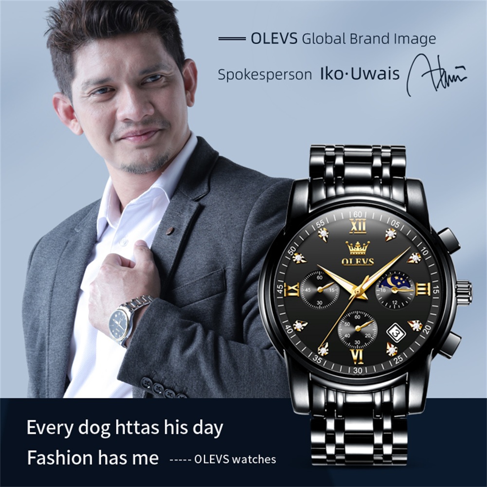 OLEVS Luxury Chronograph Watch - Full Black with Gold Color Details (Model 2858)