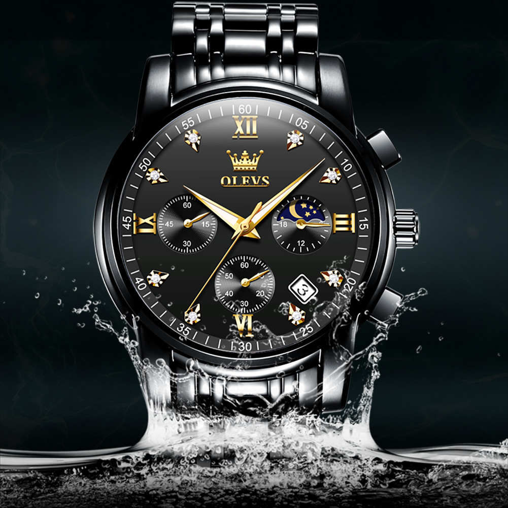 218 OLEVS Luxury Chronograph Watch - Full Black with Gold Color Details (Model 2858) - Image 1