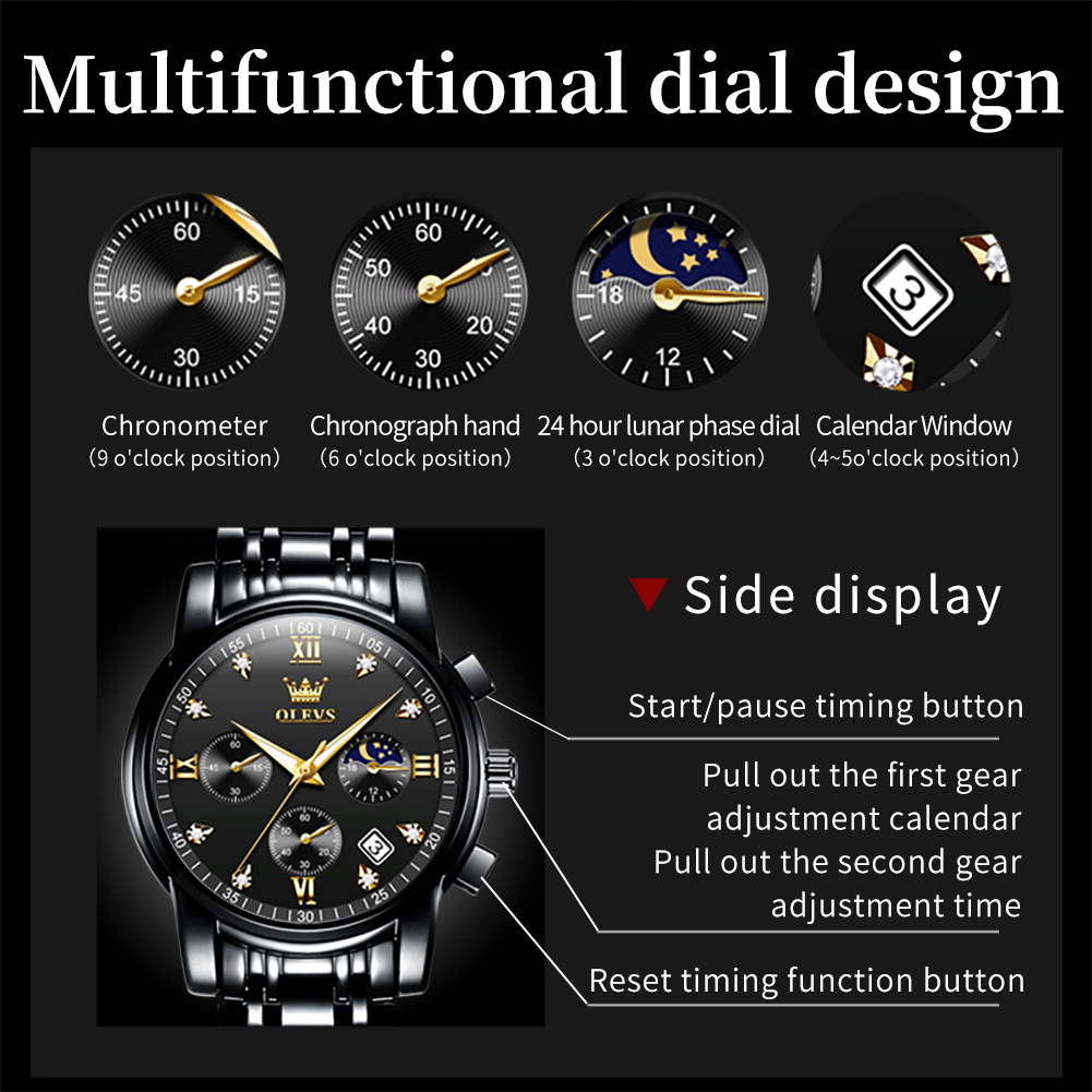 OLEVS Luxury Chronograph Watch - Full Black with Gold Color Details (Model 2858) - Image 14
