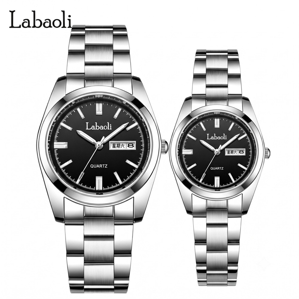 3693b439-8036-4030-ac62-6d3be03bac3e طقم ساعات يد متطابق للزوجين بلون فضي وميناء أسود كلاسيكي - الصورة 1