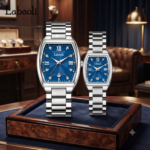 ⁦طقم ساعات يد متطابق للزوجين بلون فضي وميناء أزرق كلاسيكي⁩ - الصورة ⁦3⁩